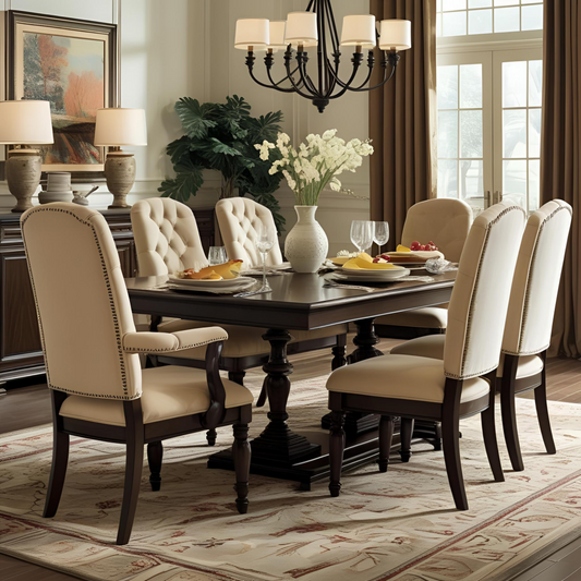 Elegant Traditional Dining Room Set | 7-Piece Pedestal Table & Upholstered Chairs