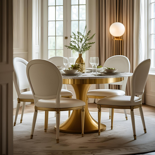 Luxurious Round Marble Dining Set with Gold Pedestal Base & Oval Back Chairs