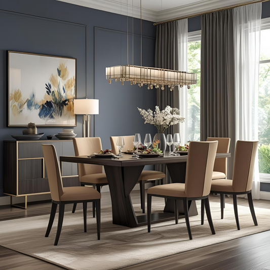 Contemporary Grand Dining Set with Pedestal Table & Six Upholstered Chairs
