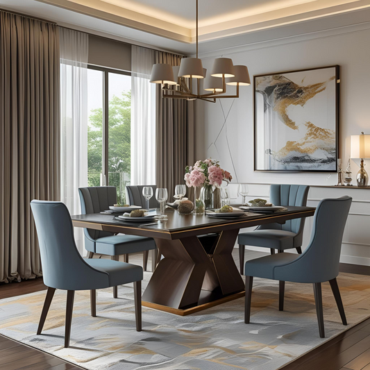 Modern Elegant Dining Set with X-Base Table & Six Velvet Upholstered Chairs