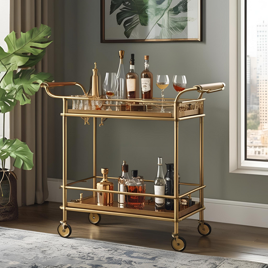 Glamorous Gold &amp; Glass Bar Cart with Wood Accents